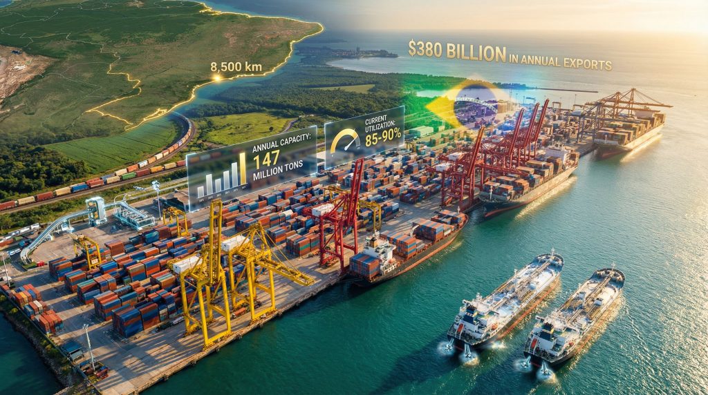 Aerial view of Brazilian export logistics port.