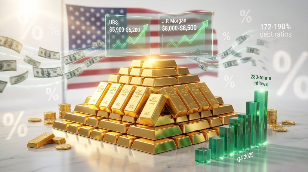 Gold bars and US dollars display.