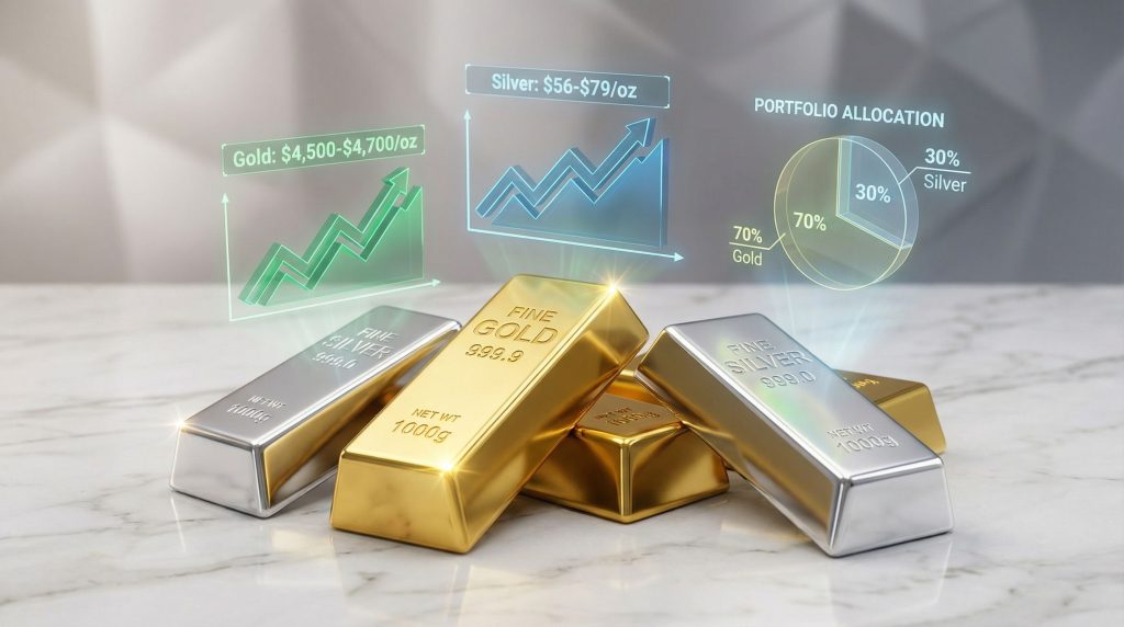Gold vs silver investment insights, graphs, bars.