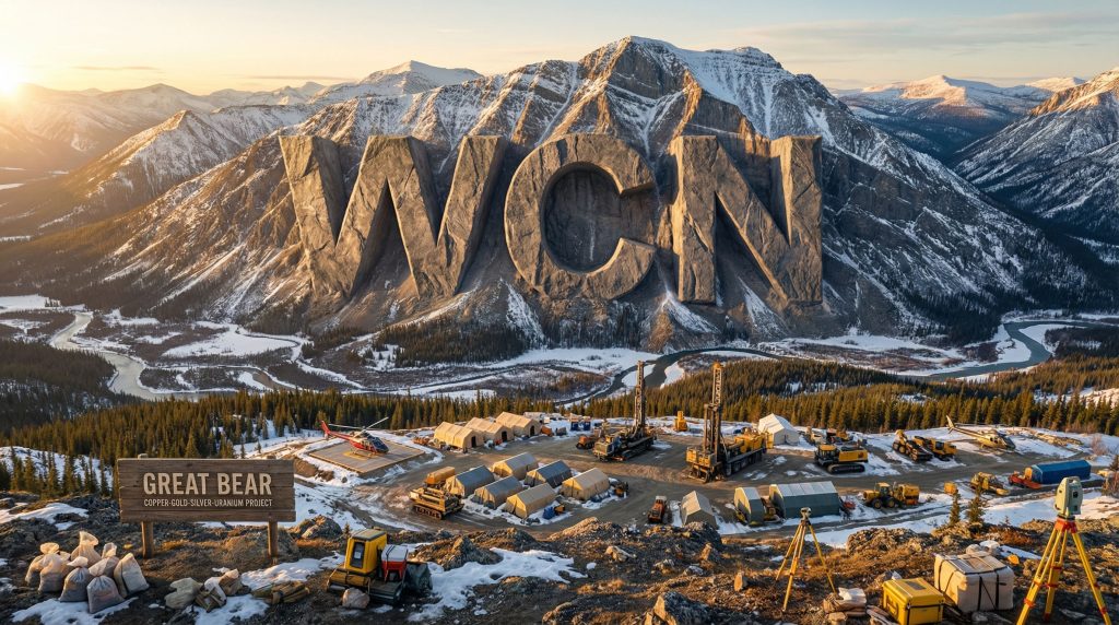 White Cliff Minerals Ltd-WCN-Great Bear mining camp with mountain backdrop.