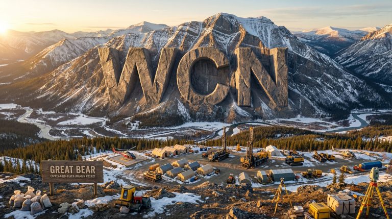 White Cliff Minerals Ltd-WCN-Great Bear mining camp with mountain backdrop.