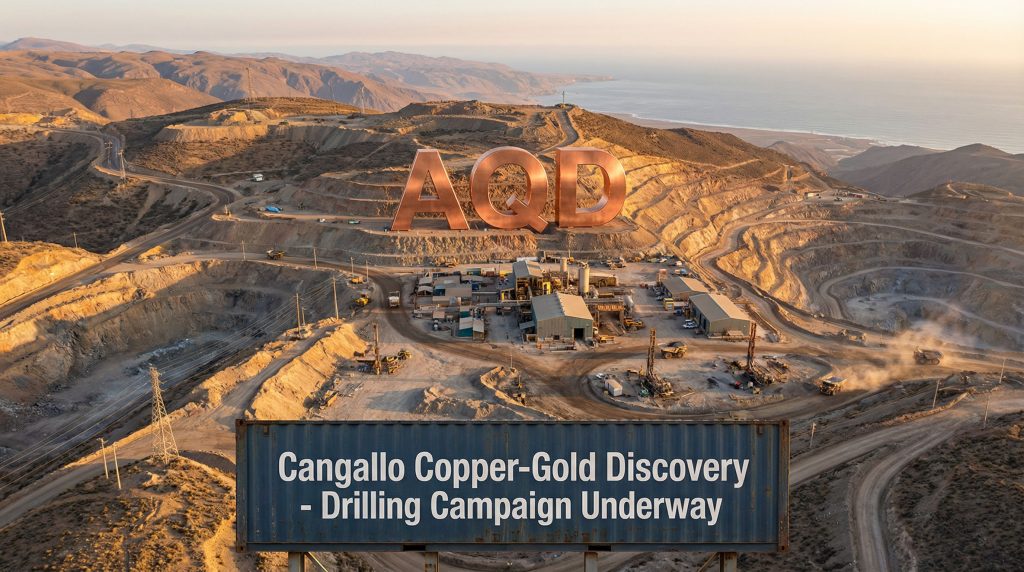 Ausquest Ltd-AQD-Cangallo copper-gold discovery site with equipment.
