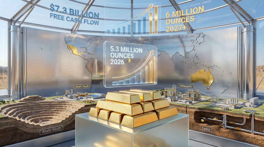 Newmont 2026 production dip visualized with gold bars.