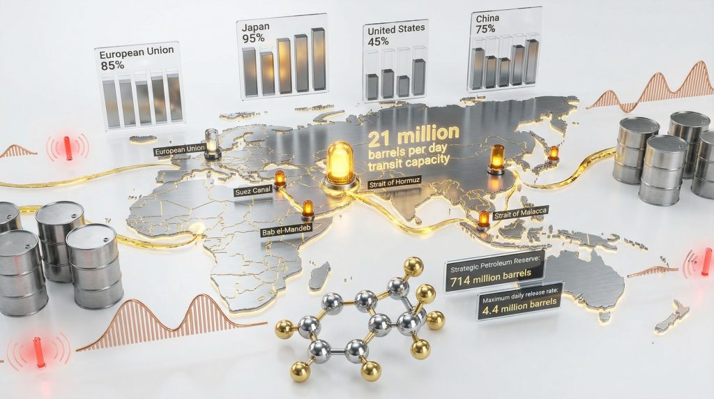 Global oil transit routes impacting prices.