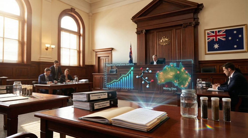 Courtroom scene highlighting Cadia goldmine contamination.