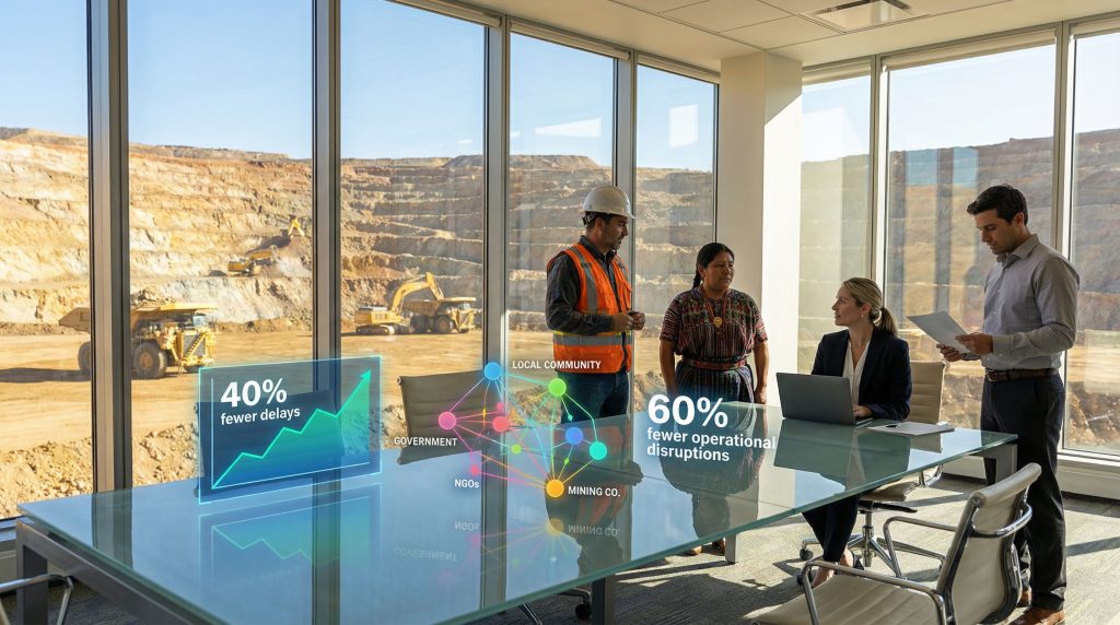 Mining stakeholder engagement meeting at excavation site.