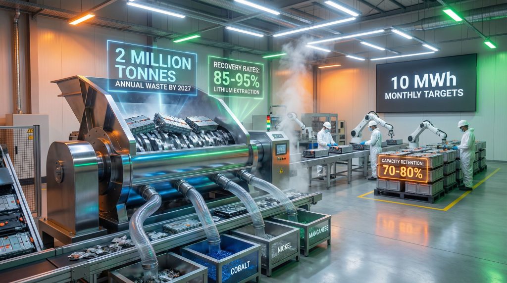 Robots processing lithium-ion batteries in India.
