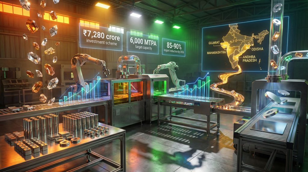 India domestic rare-earth magnet industry: futuristic manufacturing visualization.