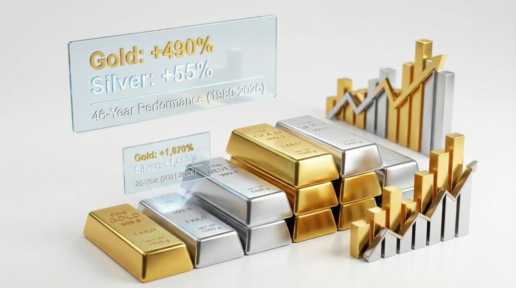 Gold vs silver performance, investment growth chart.
