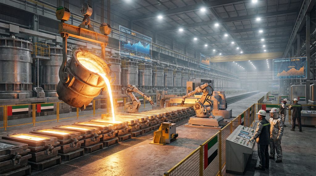 Robotic arms and molten metal in factory.