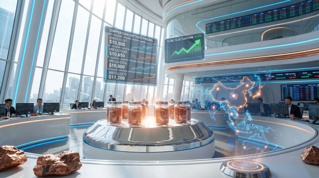 Futuristic trading room monitors delayed copper concentrates indices.