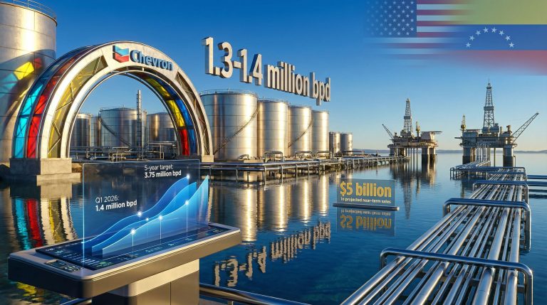 Chevron and oil rigs symbolize US Venezuela oil production boost.