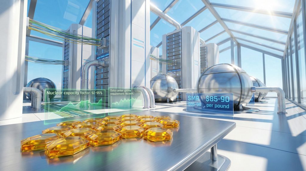 Futuristic data centers highlighting uranium supply.