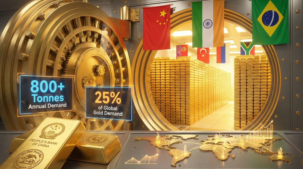 Central banks purchasing gold; vault filled.