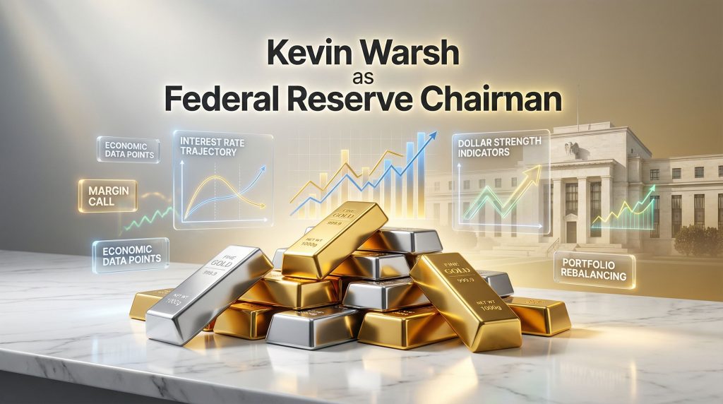 Gold bars and economic indicators graphics.
