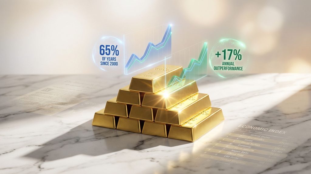 Gold bars and charts depict economic freedom.