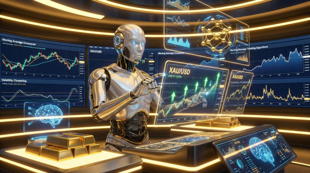 Robot analyzing gold investment data graphs.