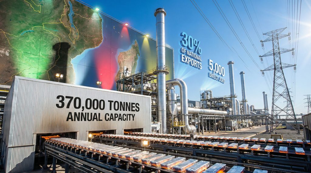 Mozambique South32 aluminum smelter industrial landscape.