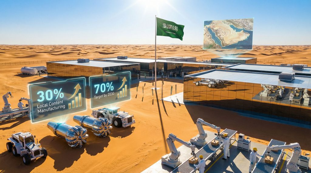 Rosond Saudi industrial expansion: futuristic desert facility.