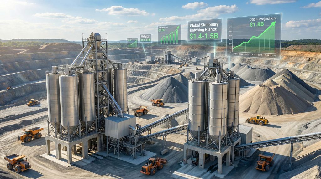 Concrete batching plant in mining sector, increasing demand.