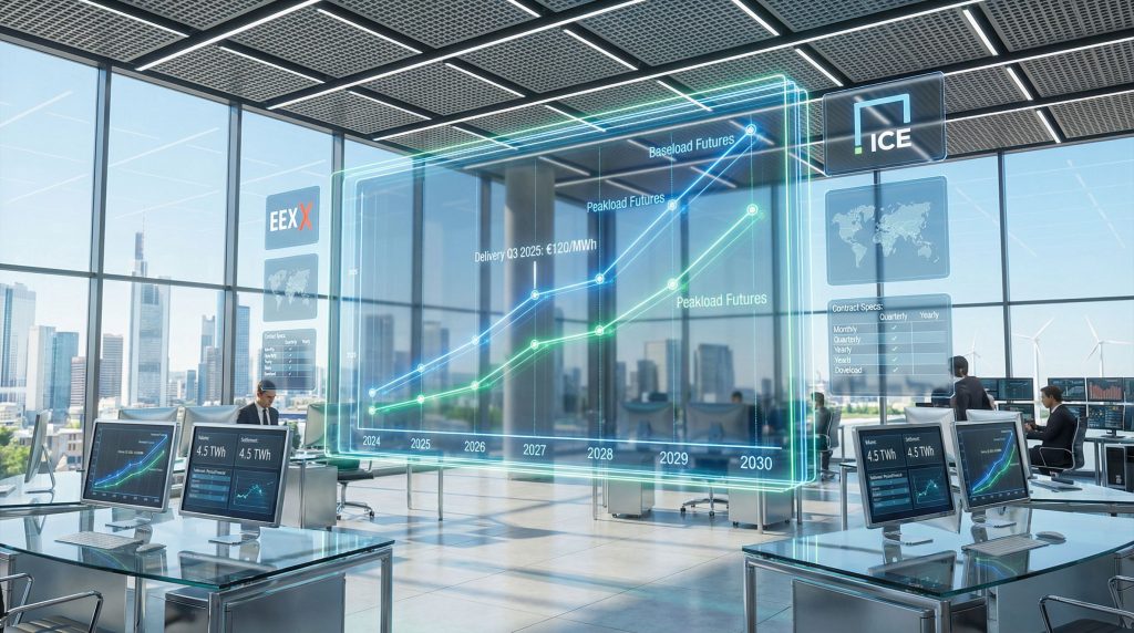 Futuristic office analyzing electricity futures trends.