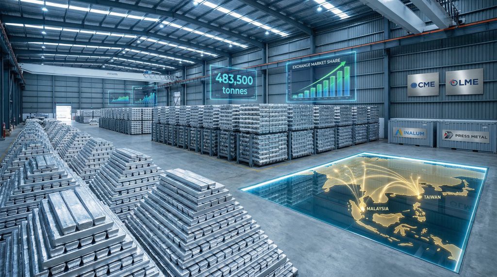 CME aluminium storage sites with stacked ingots.