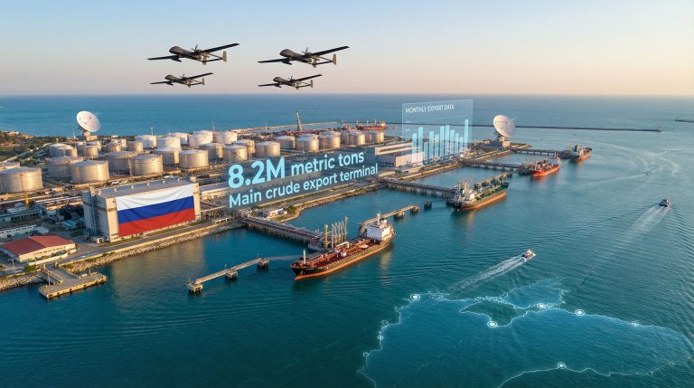 Drones flying over Russia's Taman port.