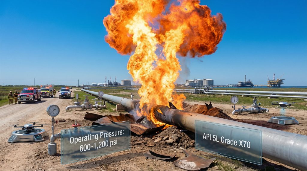 Pipeline explosion in Louisiana with firefighters responding.