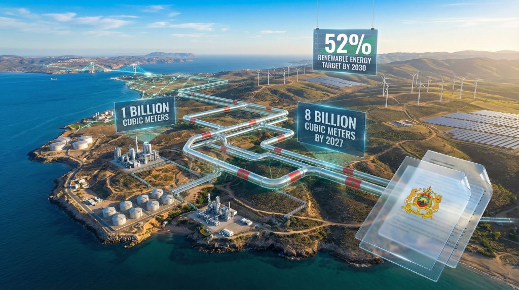 Morocco's energy projects suspension depicted with infrastructure.