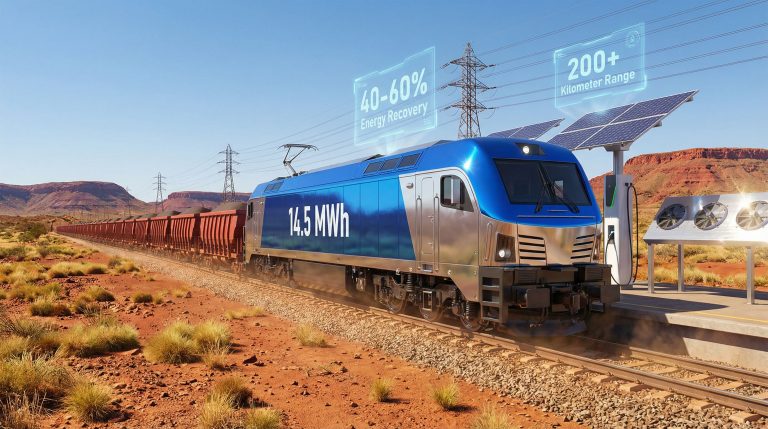 Battery-electric locomotives in Pilbara desert landscape.