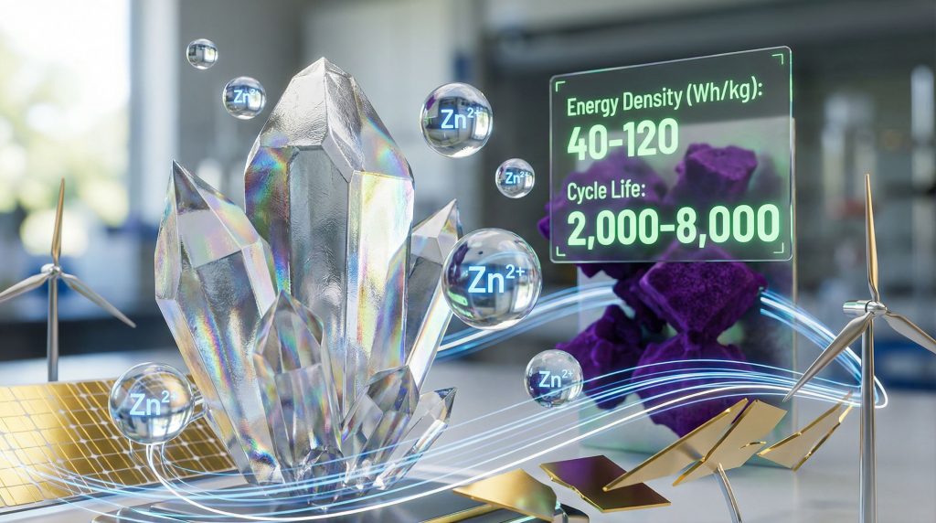 Zinc-ion battery illustration with energy specifications.