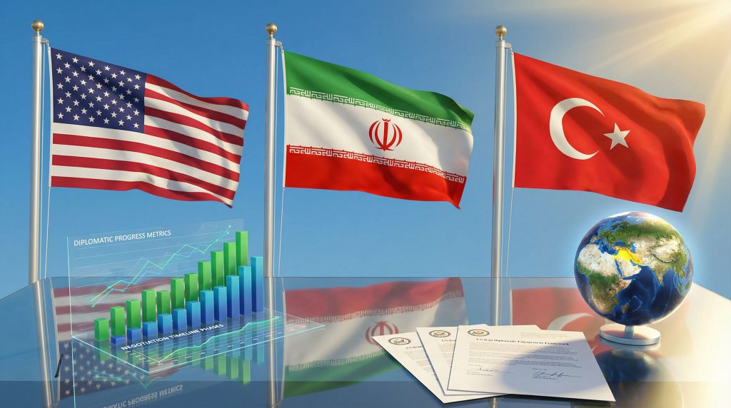 US Iran diplomatic talks visualized with flags.