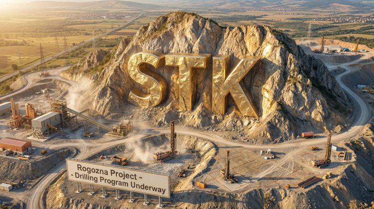 Strickland Metals Ltd-STK-STK gold letters on mountain landscape.