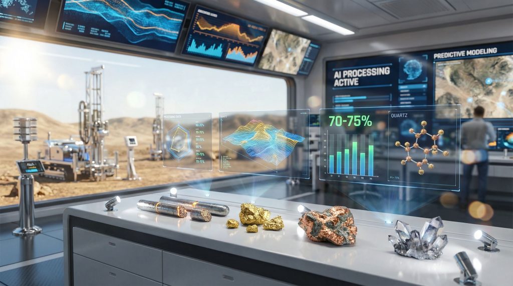 Futuristic lab showcasing AI in mineral exploration.