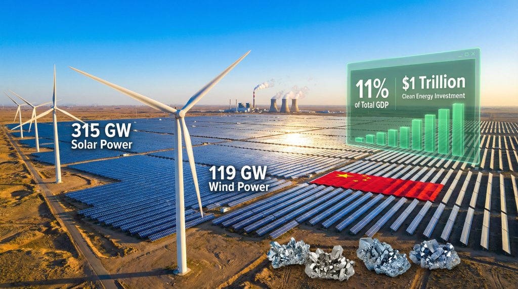 Wind and solar farms, China's clean energy boom.