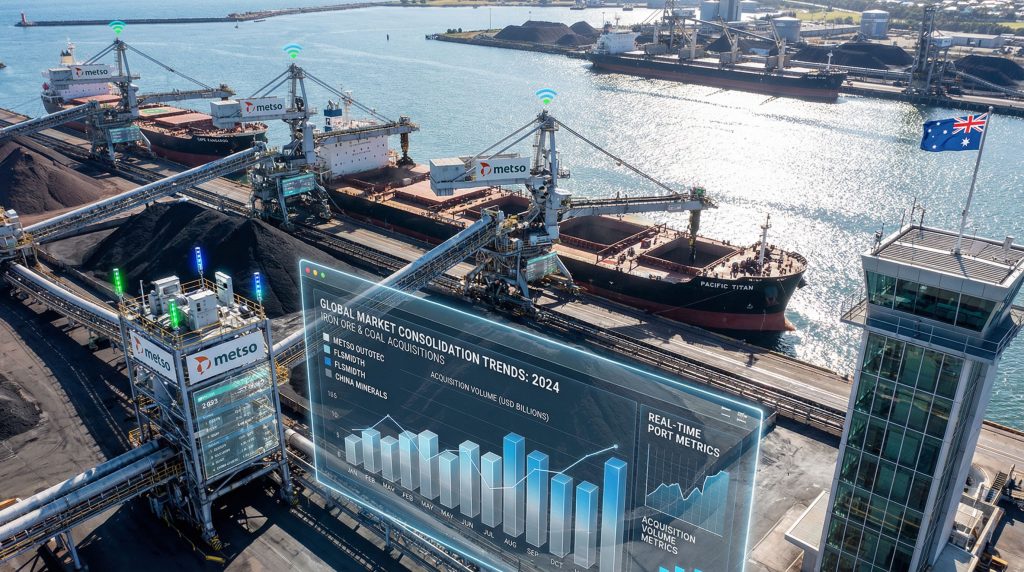 Metso acquires MRA Automation; industrial port scene.