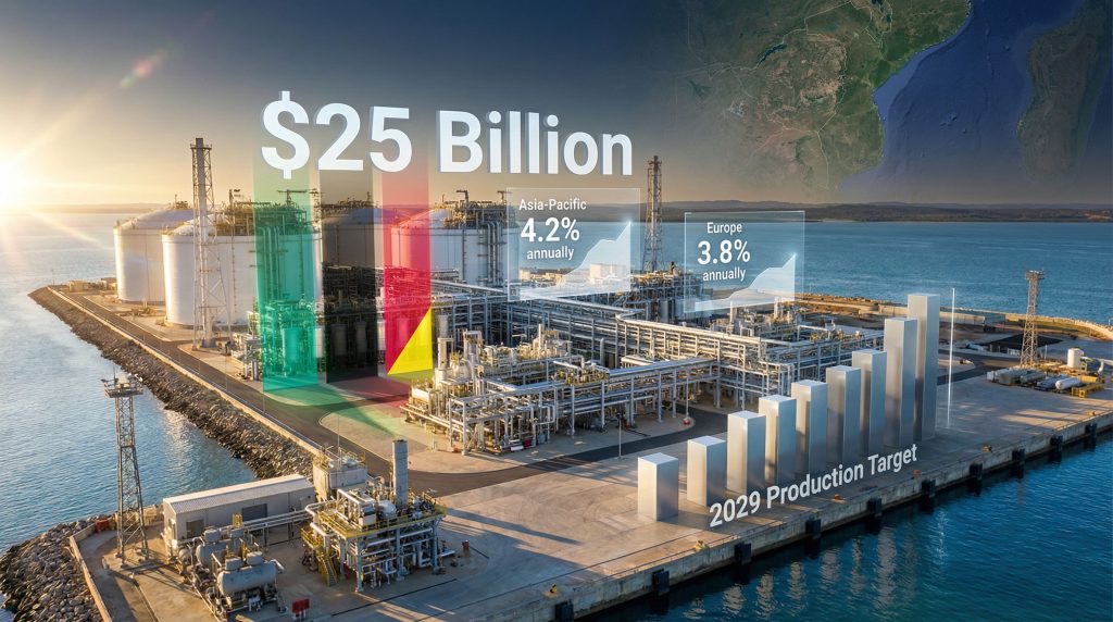 Mozambique LNG project resumption highlights growth forecast.