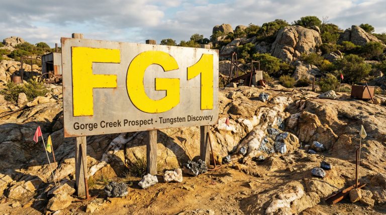 FLYNN Gold Ltd-FG1-Gorge Creek Prospect: Tungsten discovery sign.