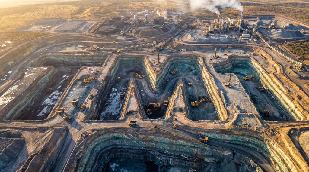 Terra Metals Ltd-TM1-Mining trucks in a vast open pit.