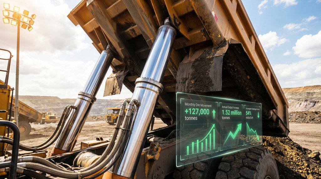 BHP WAIO hoist cylinders lifting dump truck.