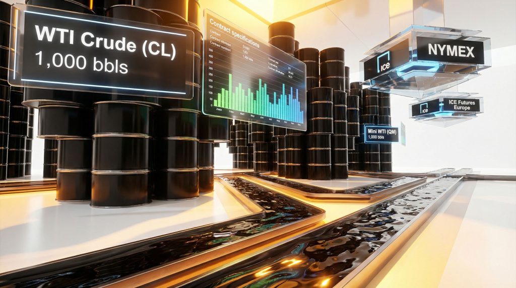 Barrels and trading screens; futures exchange.