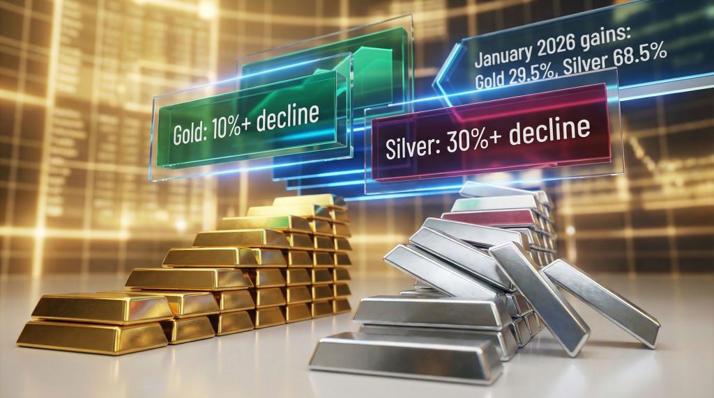 Gold and silver market correction visualization.