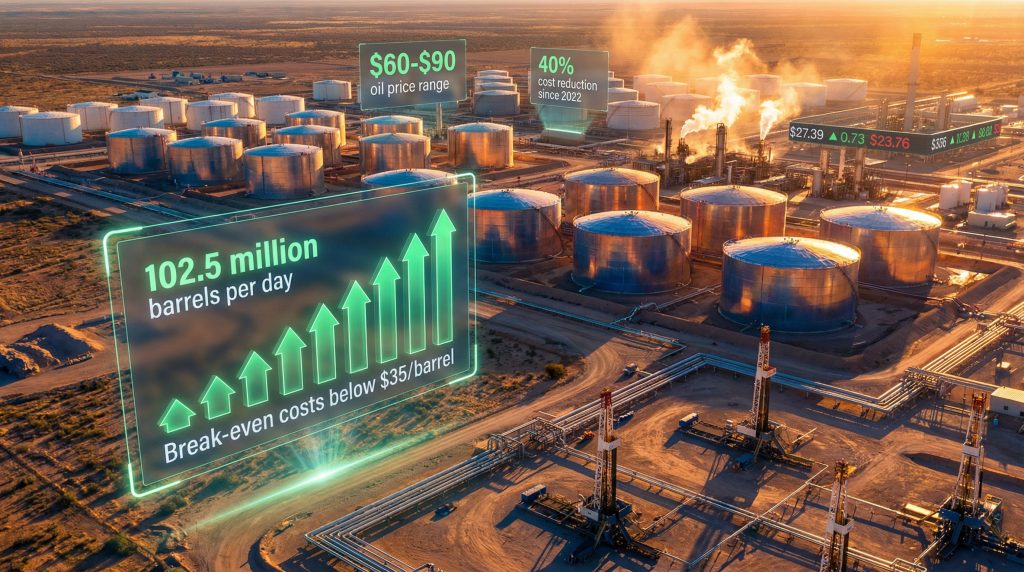Oil storage tanks illustrating Diamondback Energy global oil glut.