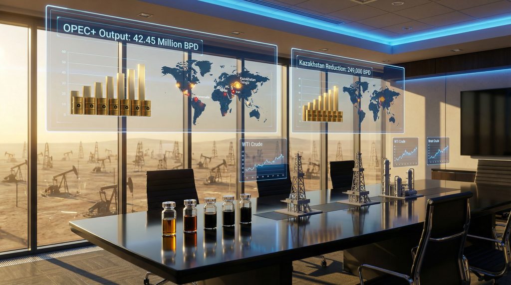 OPEC oil production decrease visualized in boardroom.