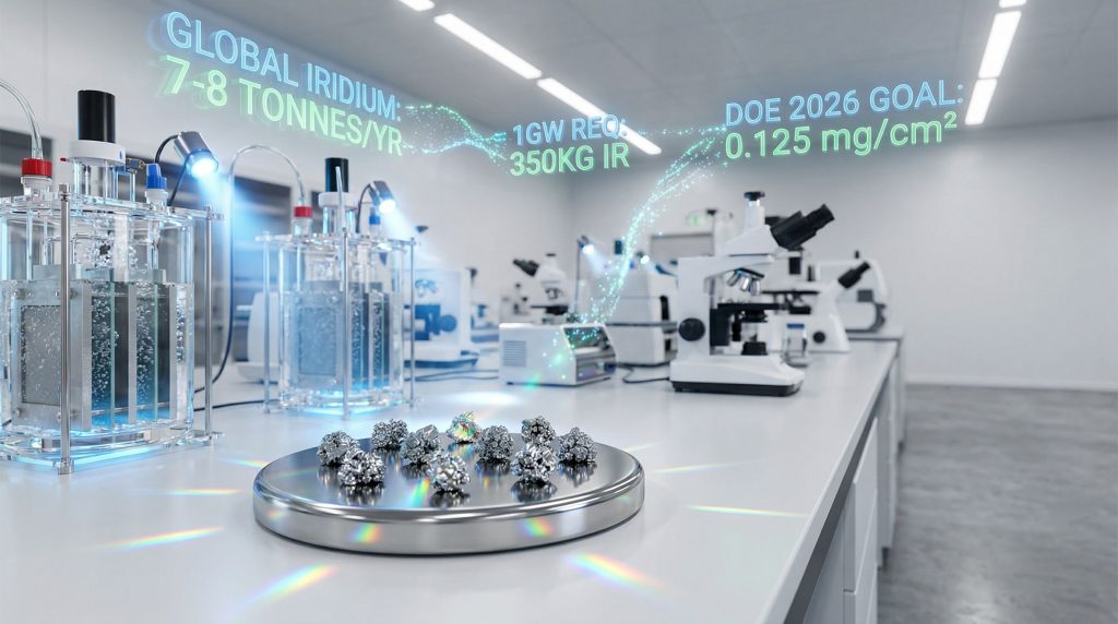 Laboratory setting highlighting green hydrogen iridium barrier.