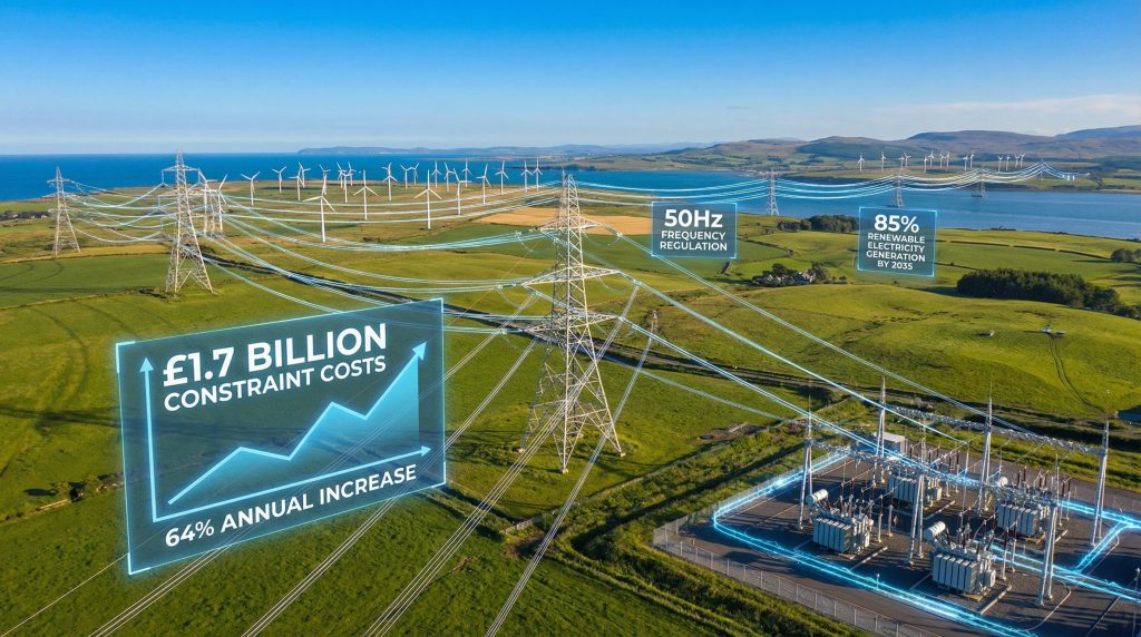 Power lines and wind turbines illustrating grid stability.