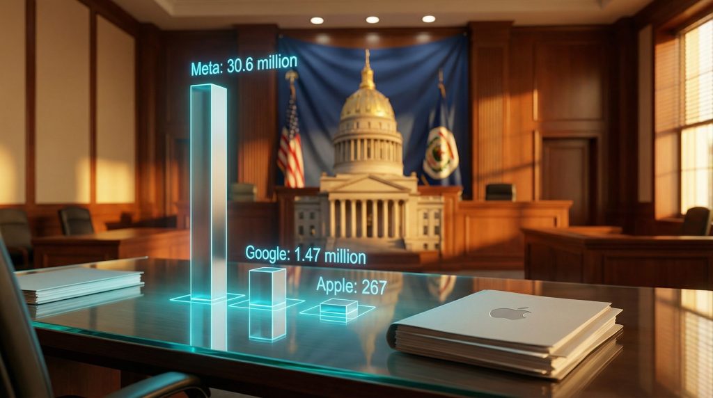 West Virginia AG sues Apple; courtroom graphic.