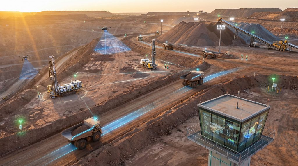 Futuristic mining site showcasing technology advancements.