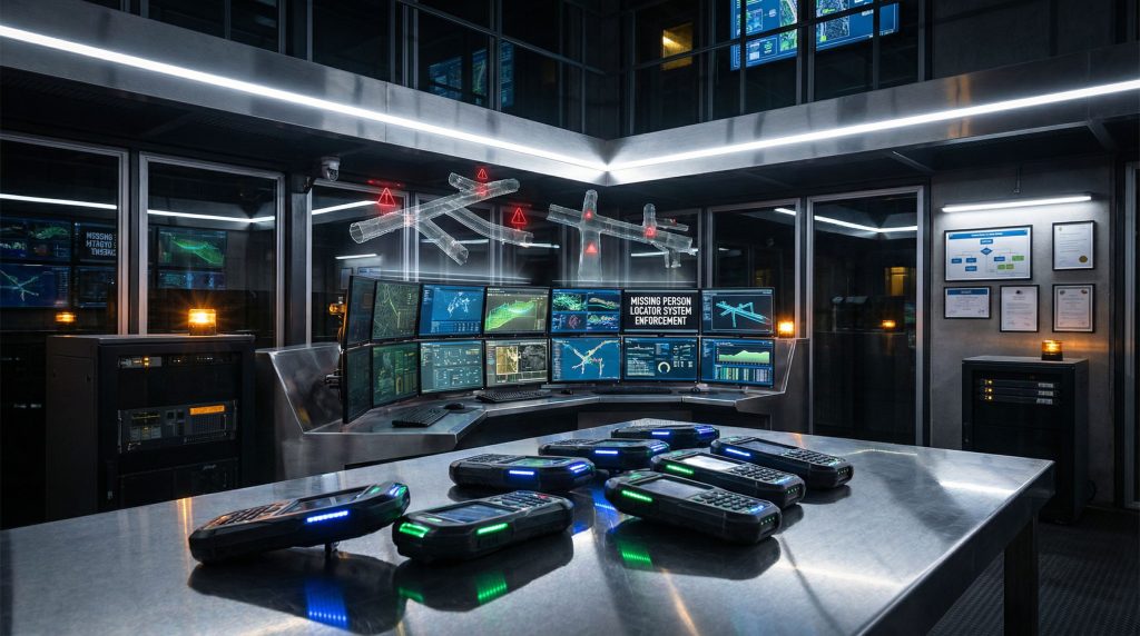 Control room for mining locator systems.