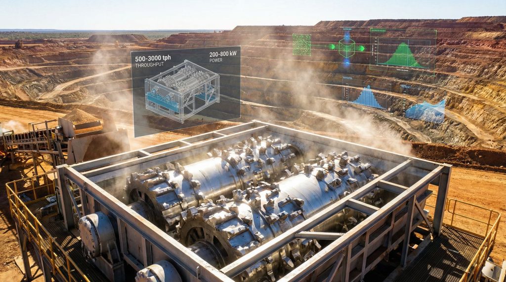 Mining machine for in-pit sizing rare earth elements.